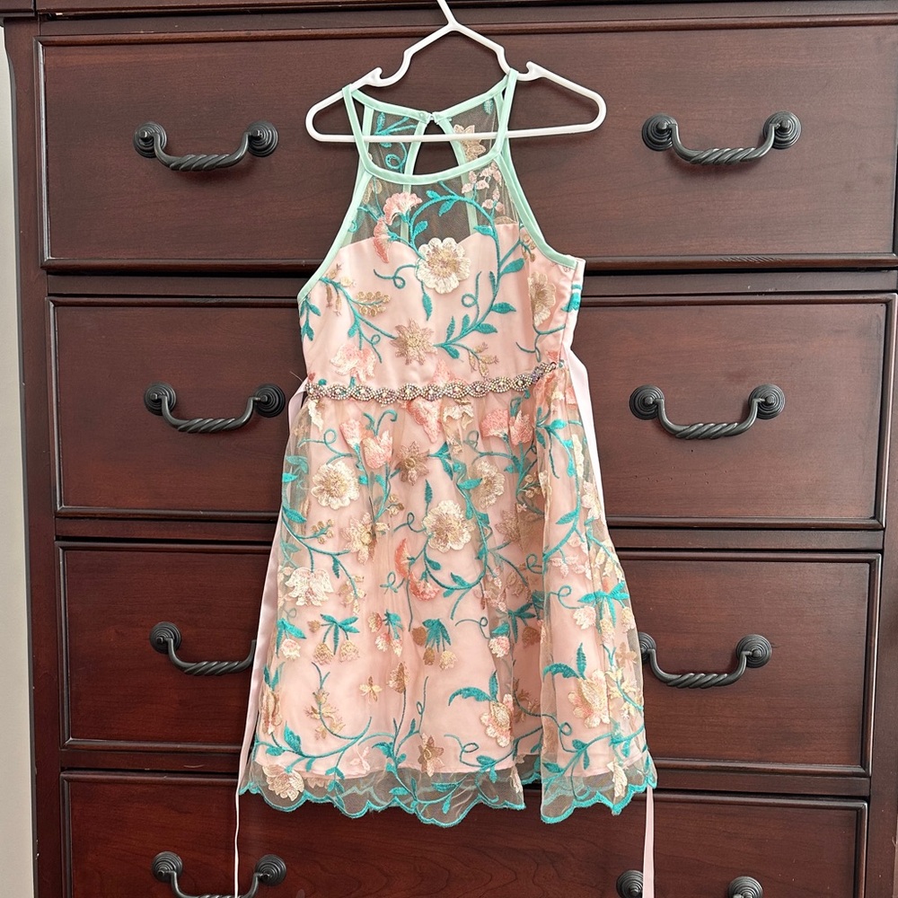 Rare Editions Floral Embroidered Dress - Pink and Green